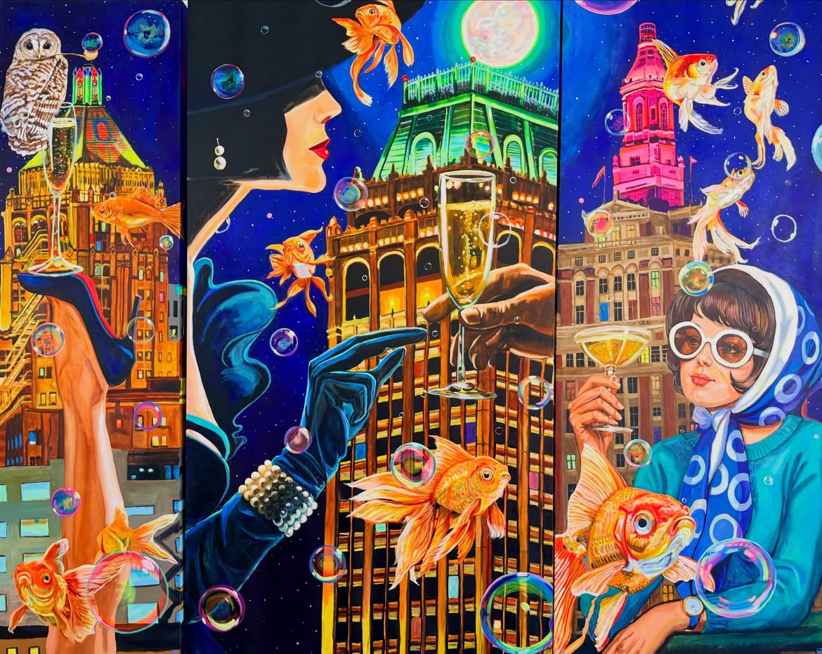 The Night We Learned How to Swim, a triptych painting of three women with champagne, goldfish, and bubbles in front of glowing city towers at night